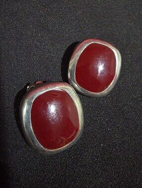 ATI Mexico Sterling Silver Red Carnelian/Agate Clip-On Earrings .925
